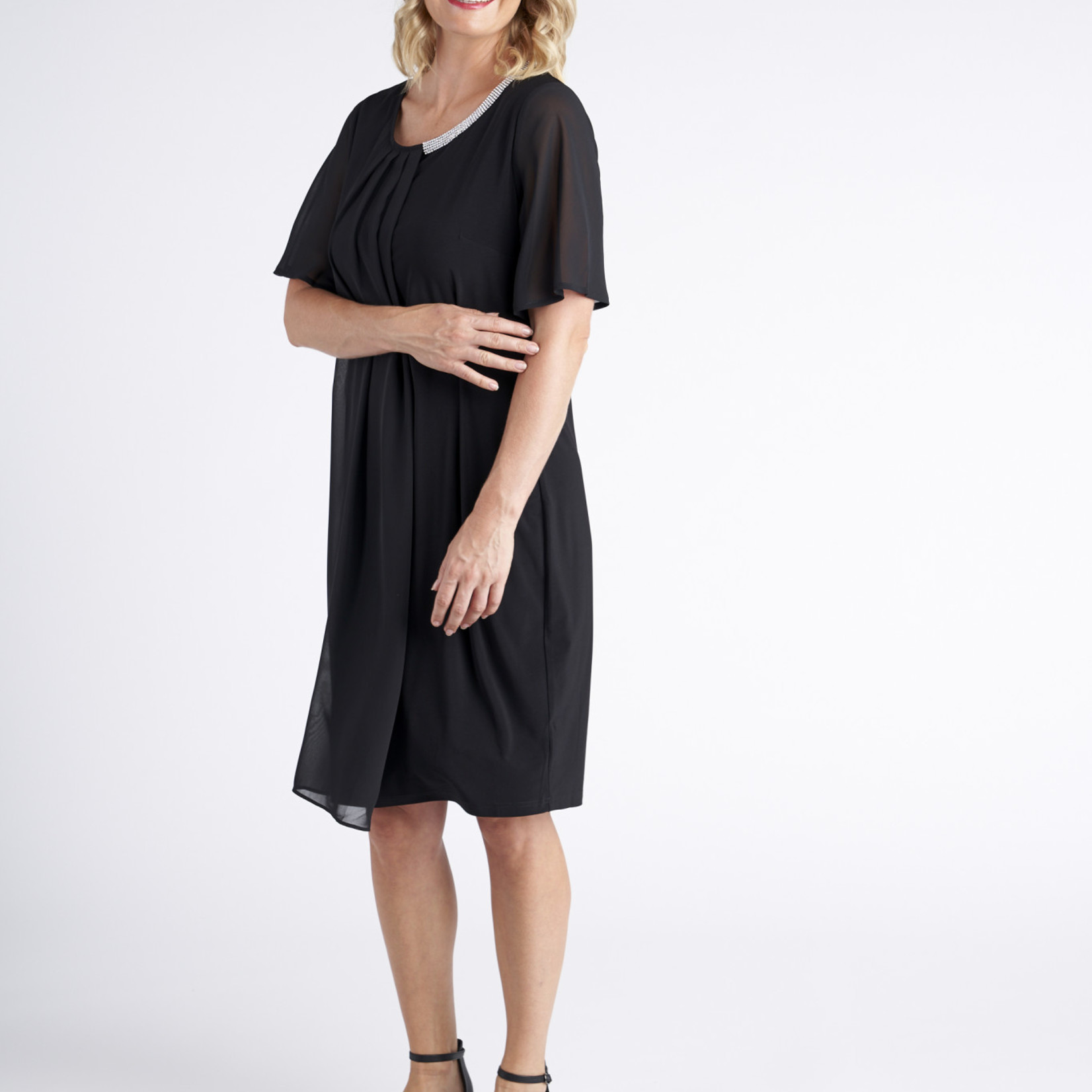 Vivid International Black Chiffon Drape Short Sleeve Dress