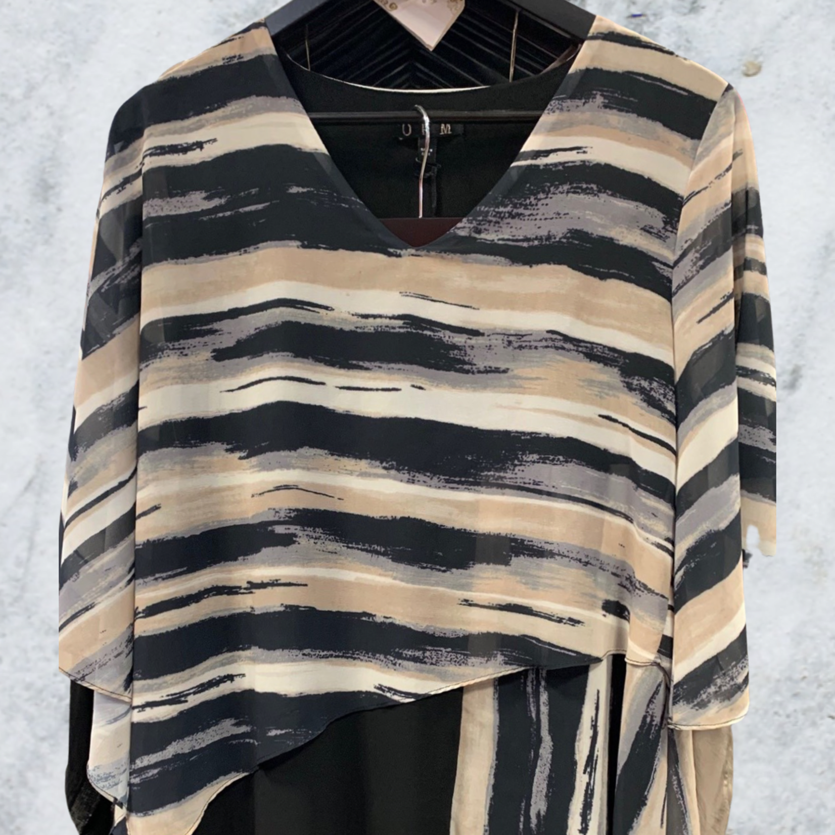 WD Design Black & Beige Chiffon Stripe Splice Tunic