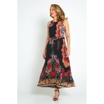 Black & Red Floral Pleated Sleeveless Dress