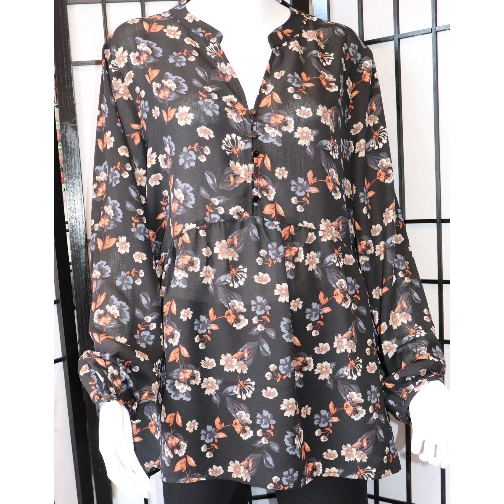 Jendi Black with Cream & Rust Floral Long Sleeve Shirts Size-18