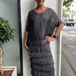 La Strada Charcoal Silk Ruffled Edge Layer Dress