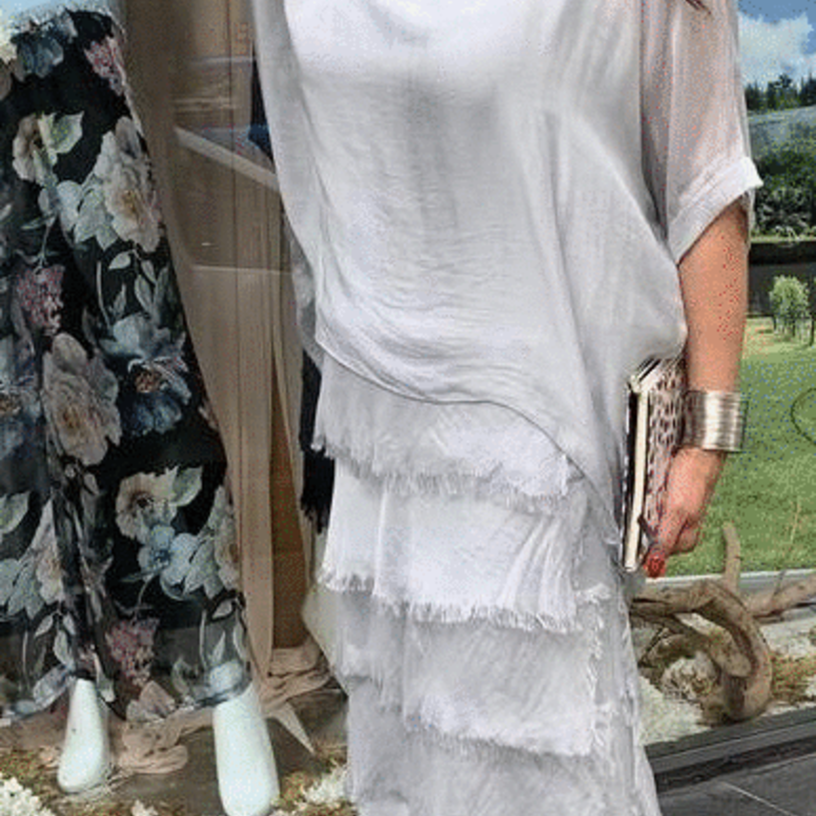 La Strada Silver Silk Ruffled Edge Layer Dress