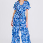 3rd Love Blue Floral Short Sleeve V Neck Tie Waist Jumpsuit
