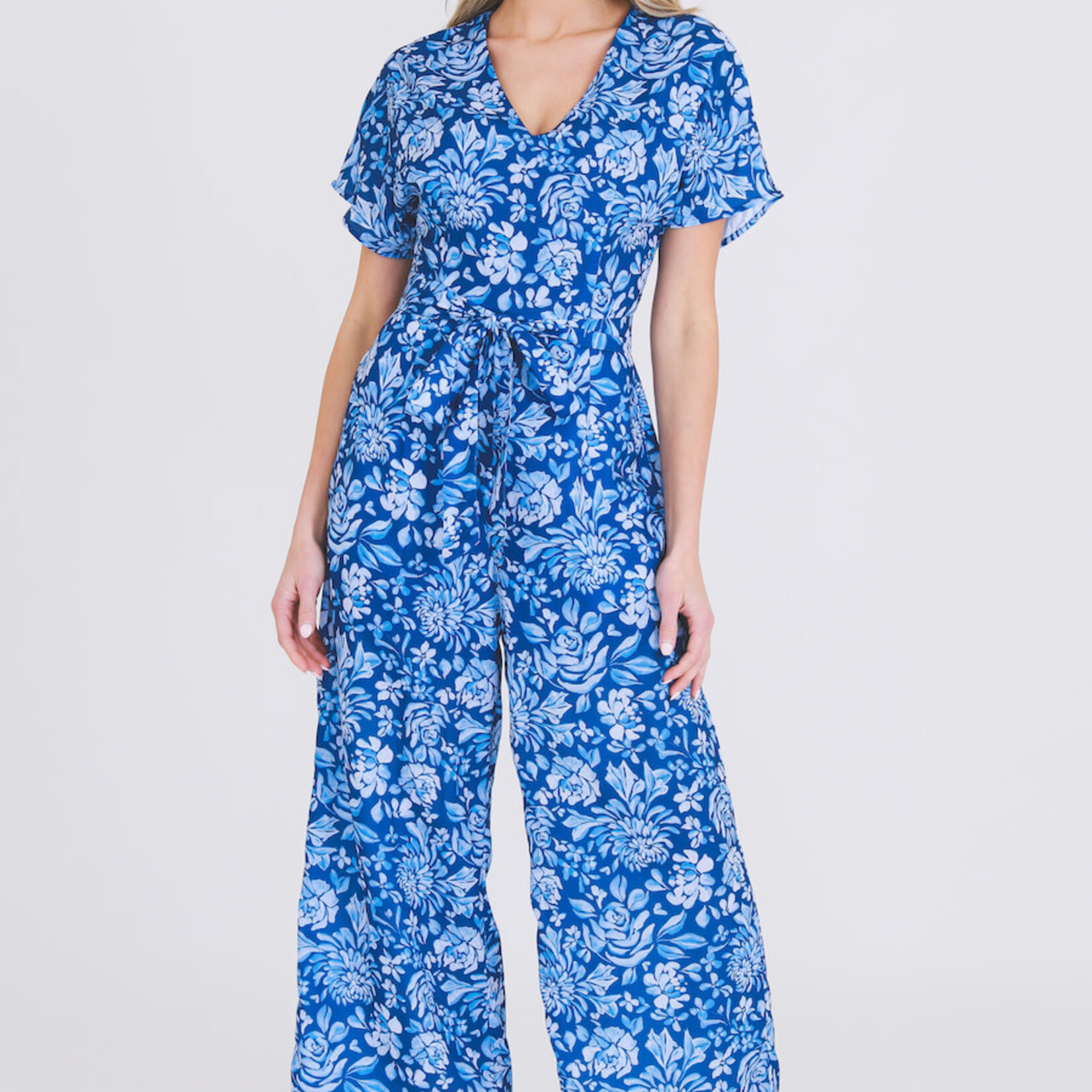 3rd Love Blue Floral Short Sleeve V Neck Tie Waist Jumpsuit