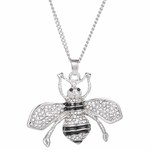 Zizu Silver & Black Bee with Diamonte Crystals Long Necklace