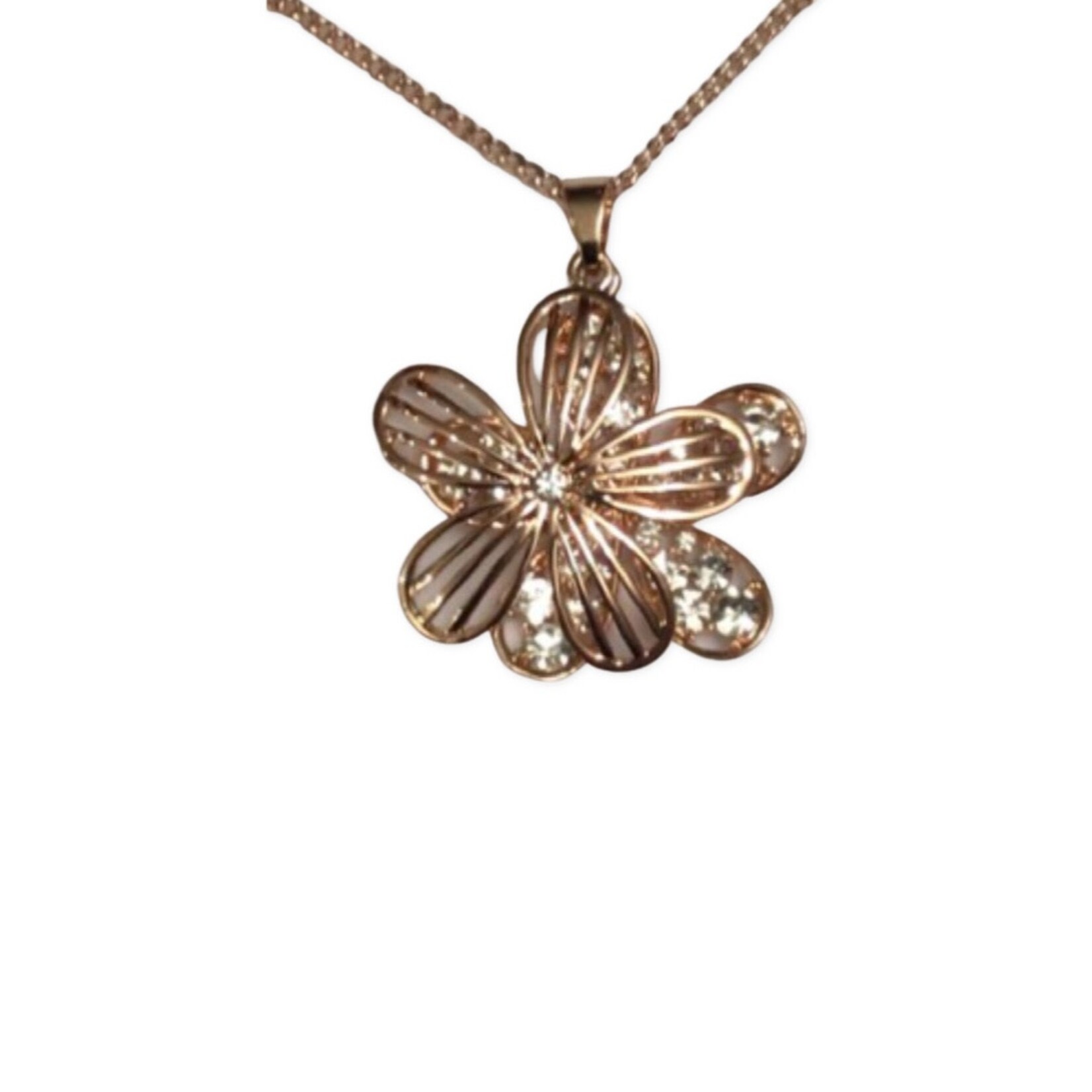 Zizu Rose Gold Flower Crystal Disc Long Necklace