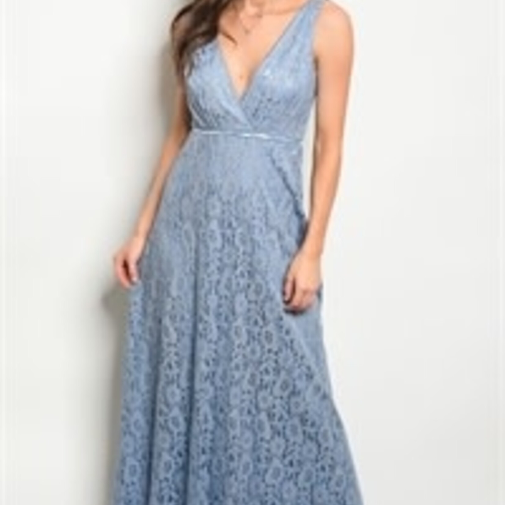 One Plus One Fashion Light Blue V Neck Long Lace Dress