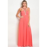 Coral Beaded Bodice Formal Dress