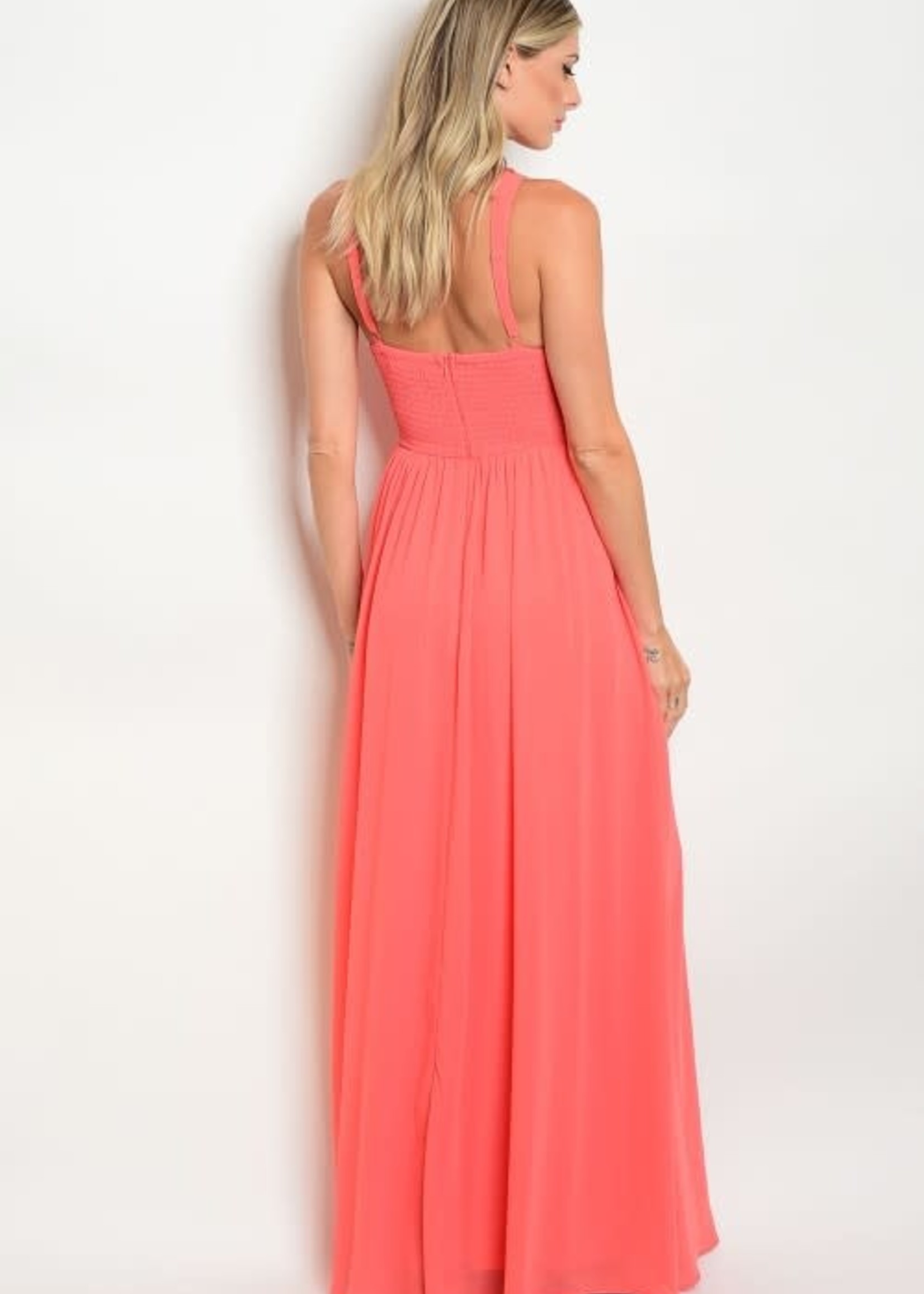 Coral Beaded Bodice Formal Dress