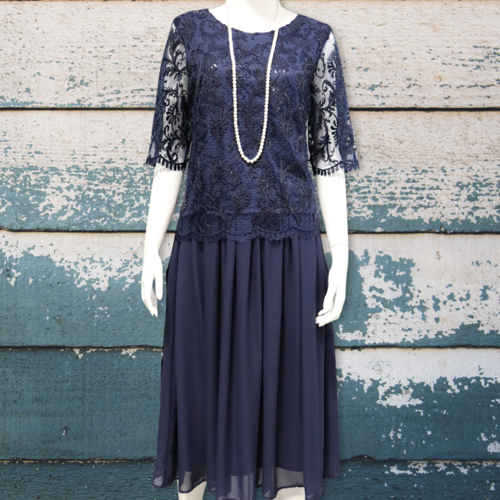Vivid International Navy Short Sleeve Soft Lace Evening Dress with Chiffon Skirt