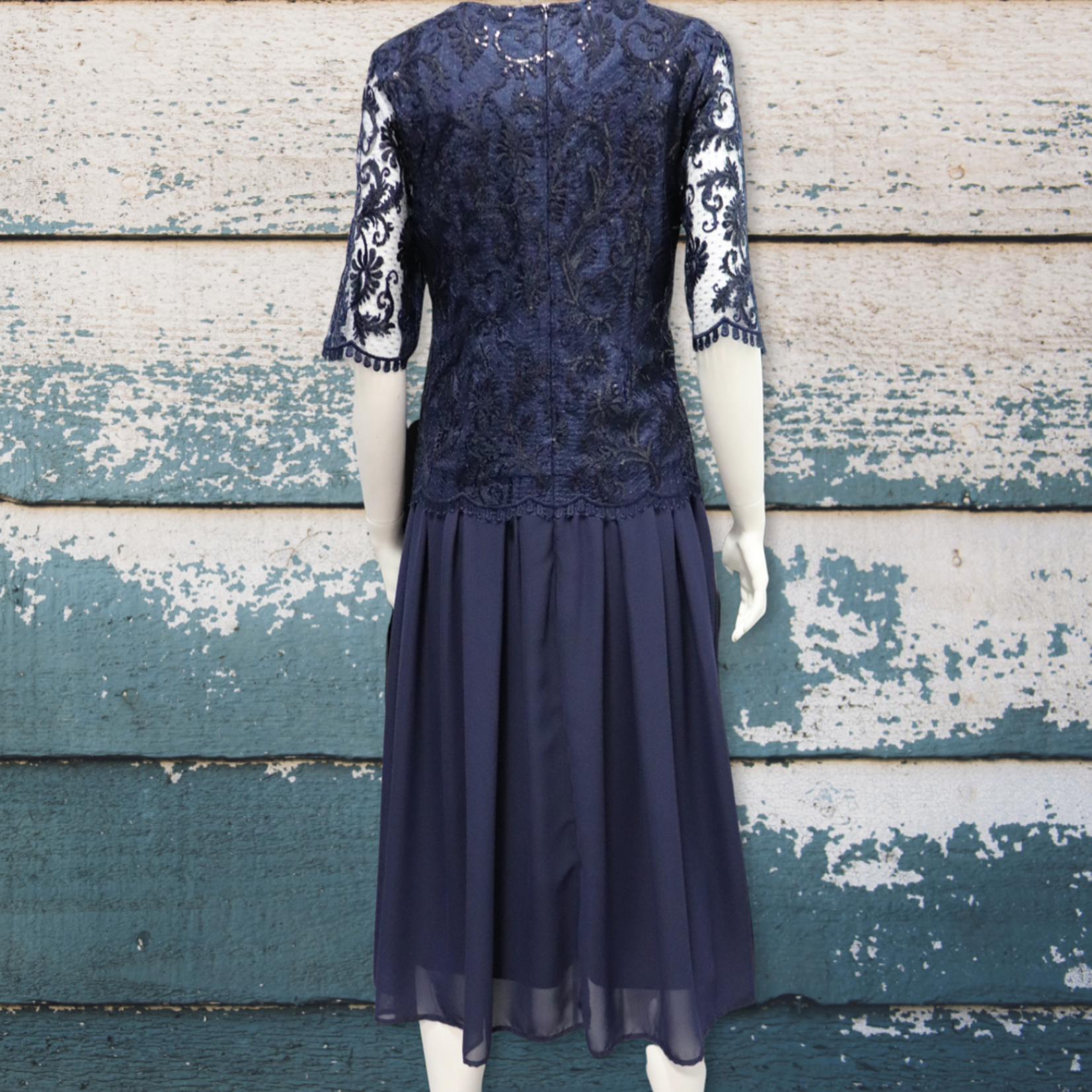 Vivid International Navy Short Sleeve Soft Lace Evening Dress with Chiffon Skirt