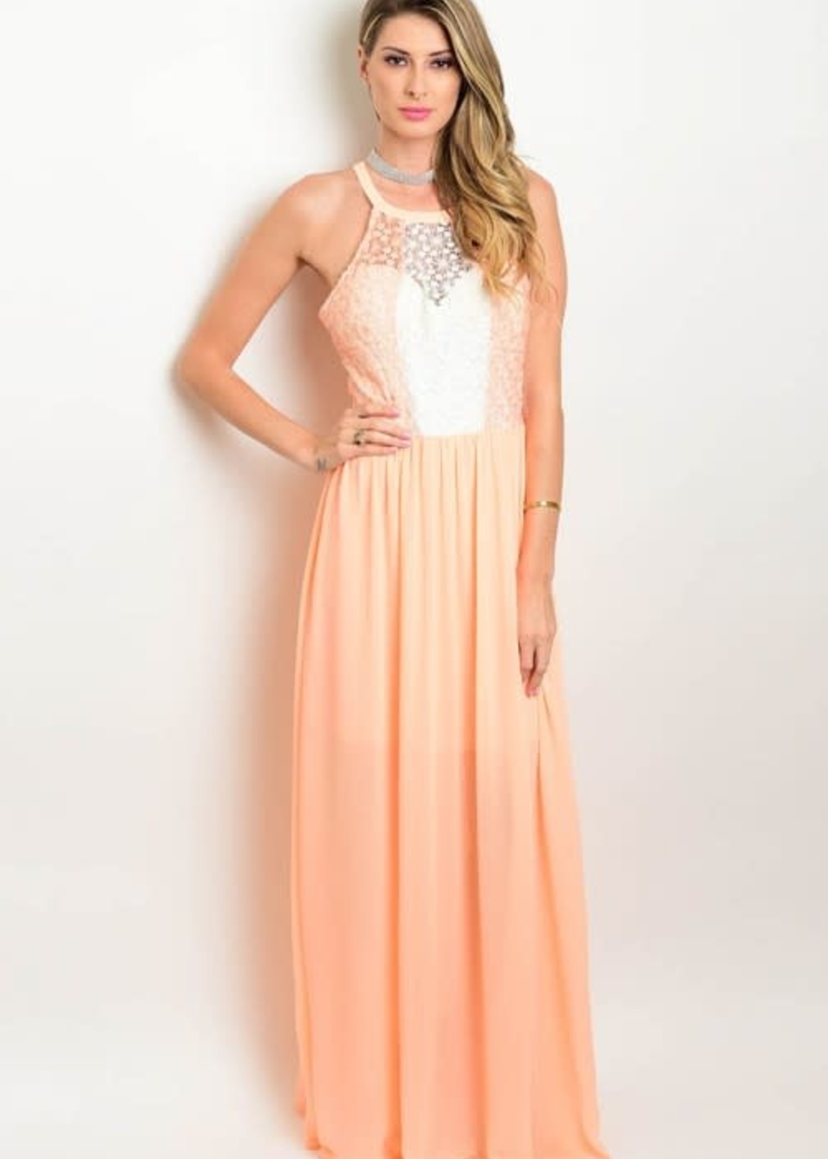 Peach & White Lace Bodice Formal Dress