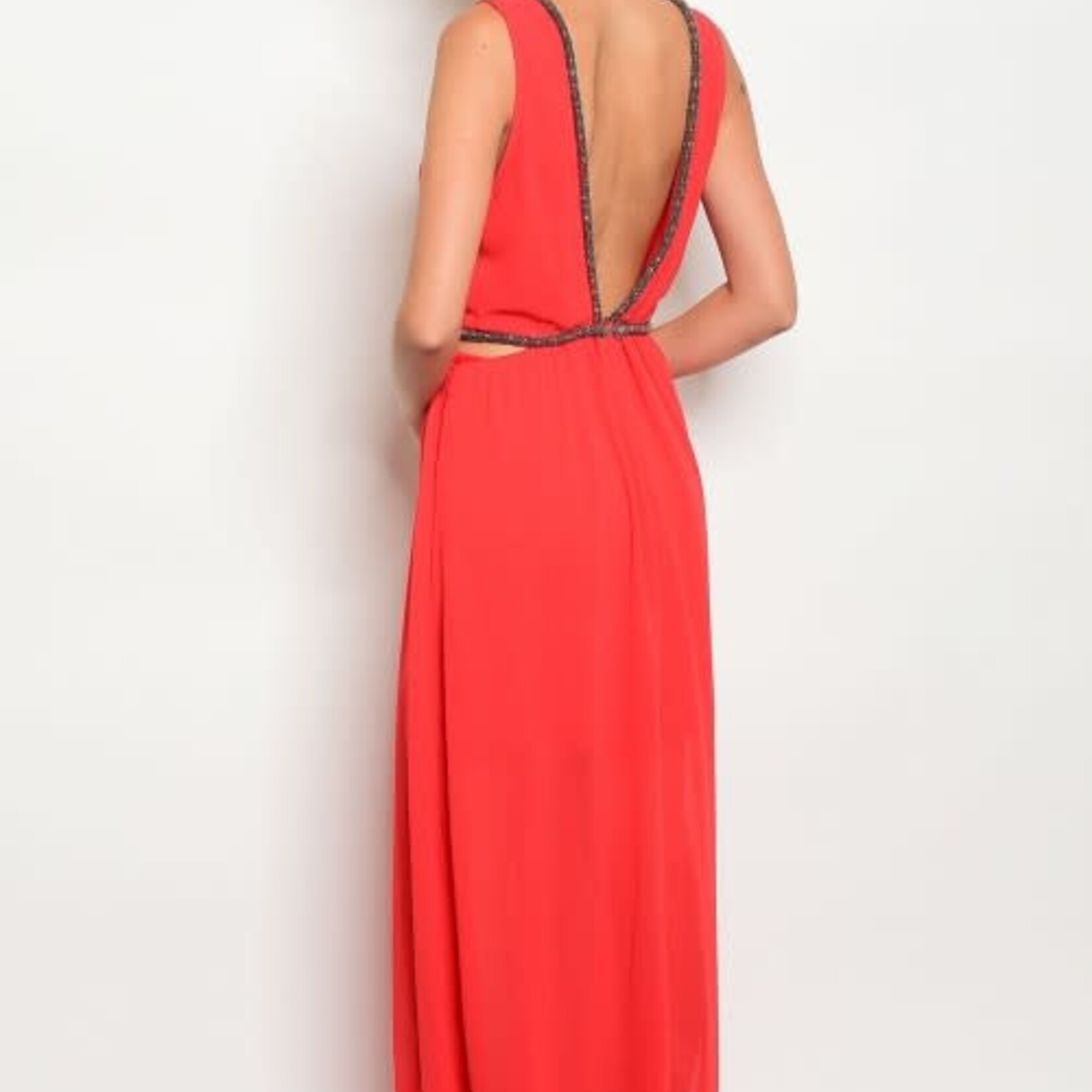 One Plus One Fashion Red w/ Antique Silver Beaded Piping V-Back Long Dress