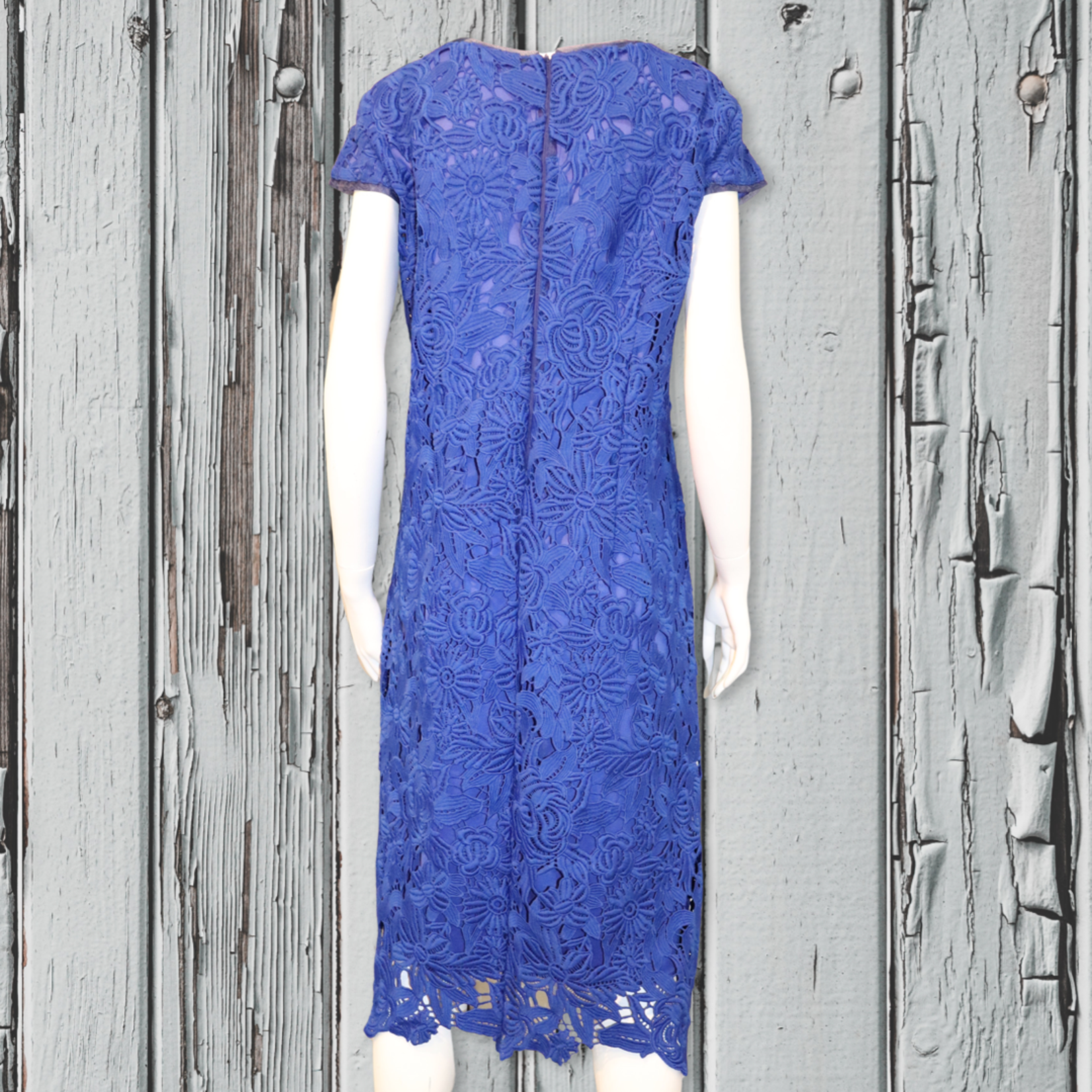 Crystal River Royal Blue Heavy Lace Capped Sleeve Mid Length Dress