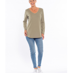 Cafe Latte Khaki Cotton Long Sleeve V-Neck Tees