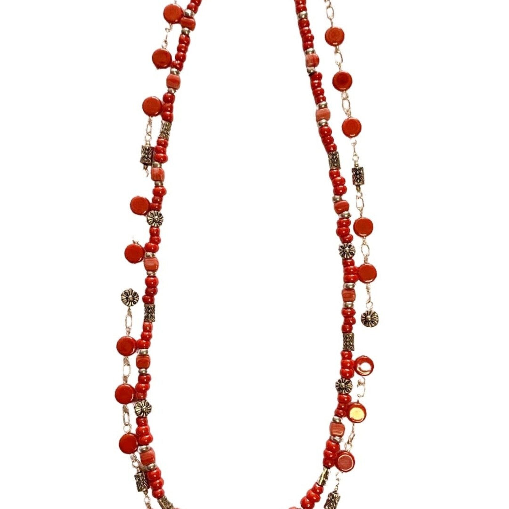S.S Jewellery Coral & Red with Silver 2 Strand Necklace