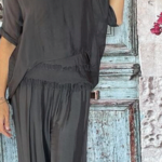 La Strada Charcoal Silk Flowing Wide Leg  Pant