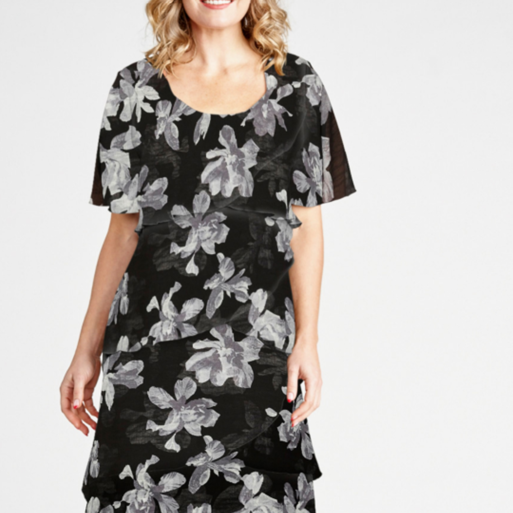 Vivid International Black & White Floral Layered Short Sleeve Dress