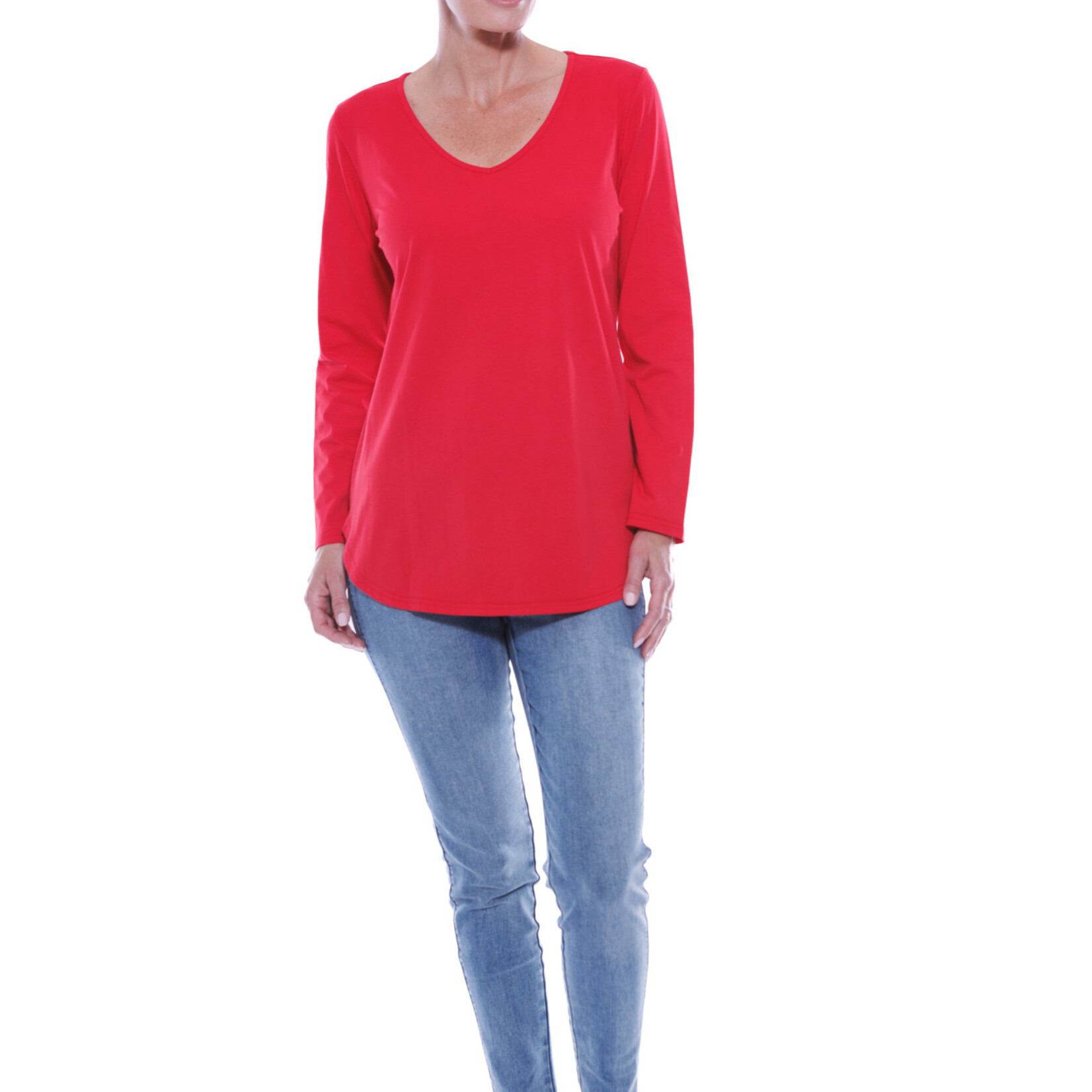 Cafe Latte Red Cotton Long Sleeve V-Neck Tee