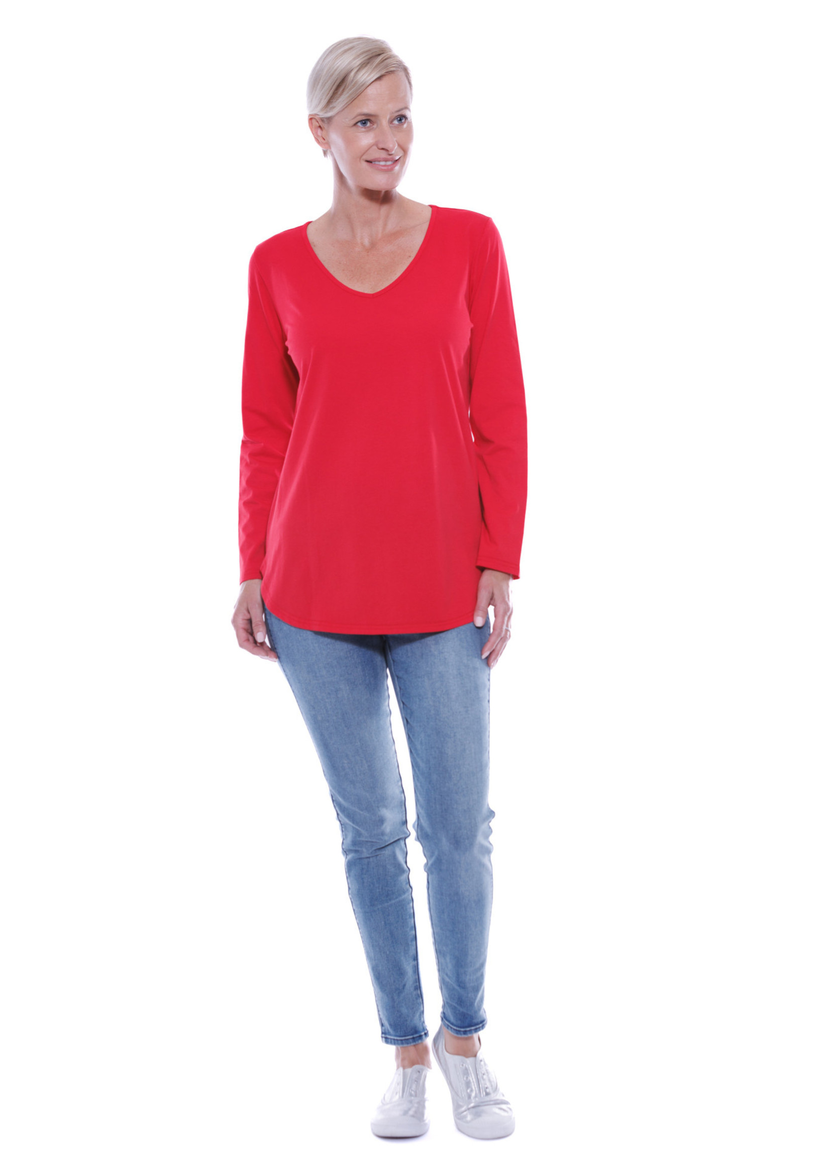Cafe Latte Red Cotton Long Sleeve V-Neck Tee