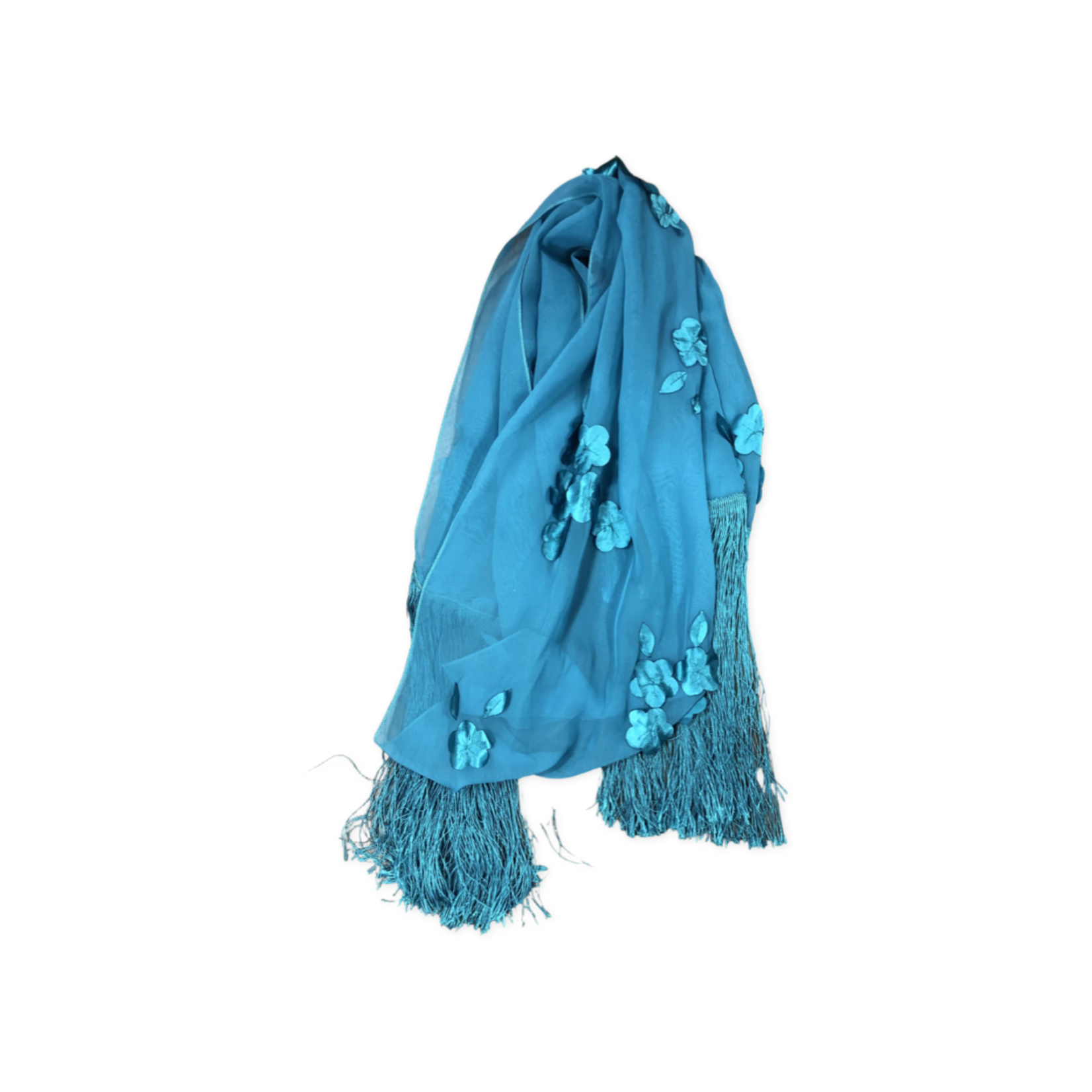 S.S Jewellery Aqua Flower Applique Large Fringed Shawl/Scarf