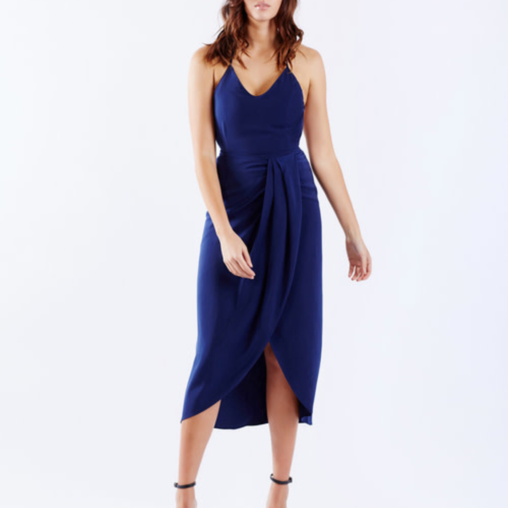 Pizzuto Fashion Navy Cross Tie Back with Ruched Skirt Dress