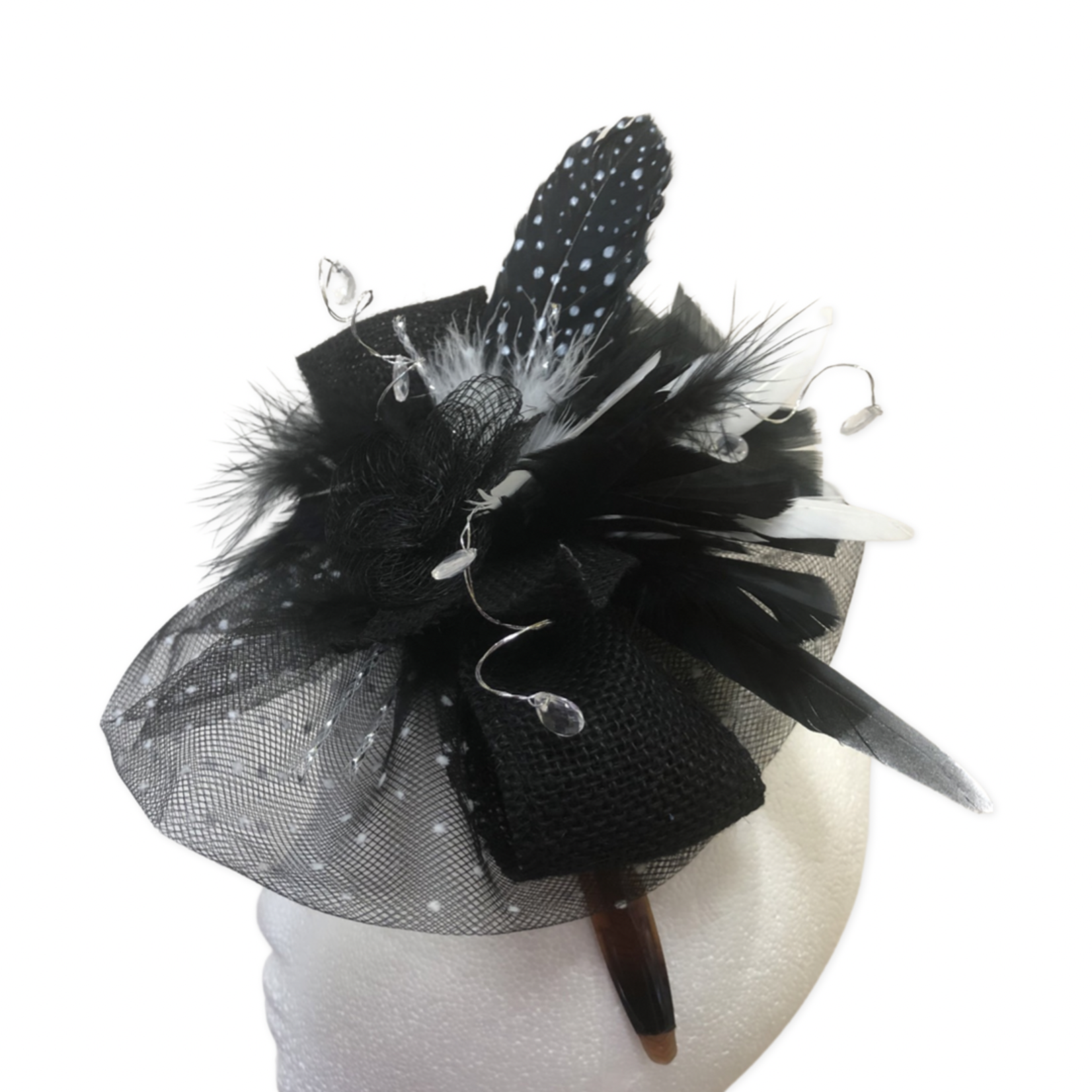 OPO Black & White Bow, Feather, Jewel Fascinator