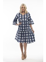 Escape by OQ Navy 3/4 Sleeve Gingham V Neck Dress