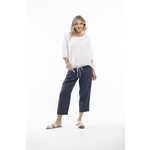 Escape by OQ Navy Linen Front Pocket 3/4 Long Pant