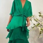 La Strada Gucci Green Crossover 3/4 Slv Ruffled Silk Dress