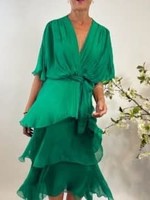 Gucci Green Crossover 3/4 Slv Ruffled Silk Dress