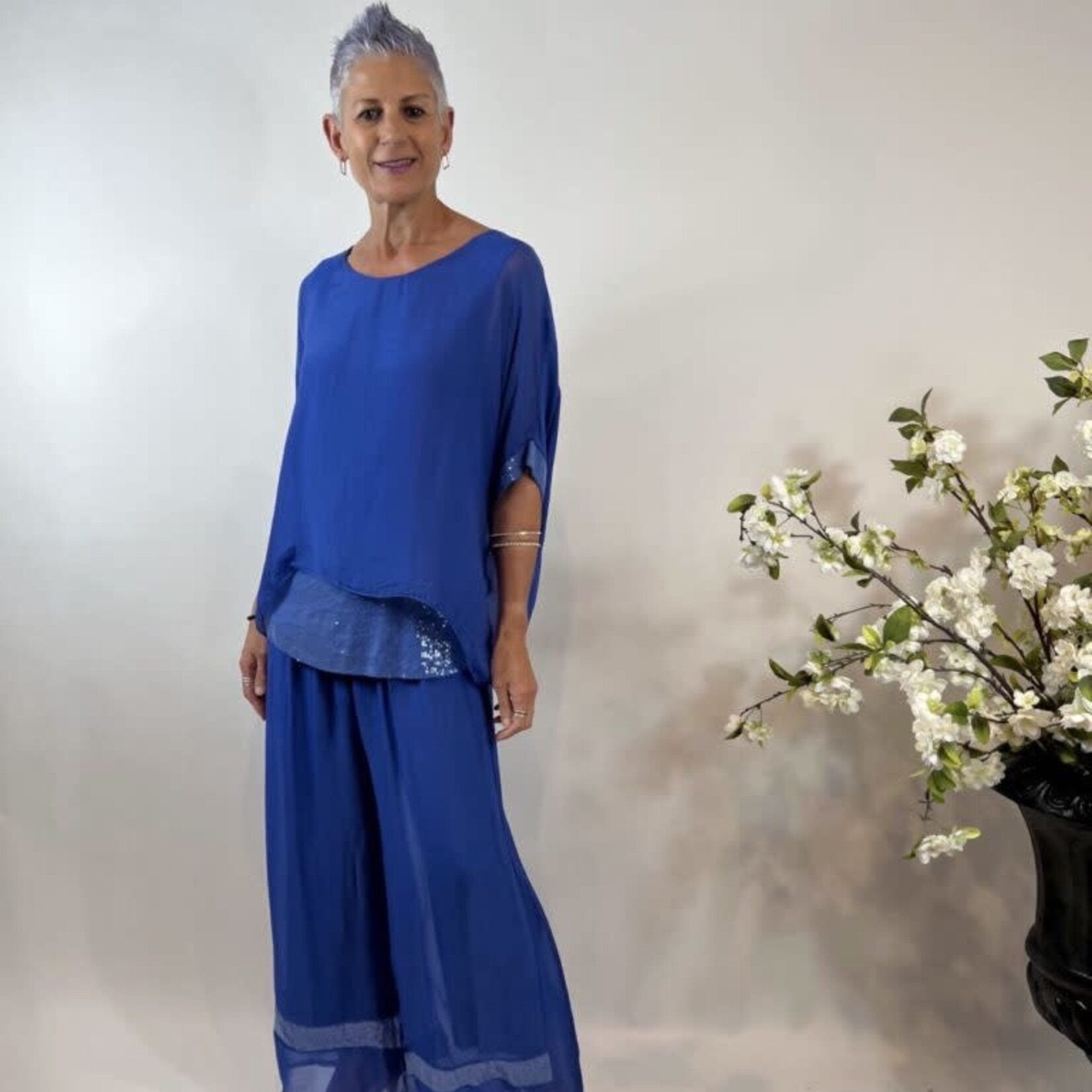 La Strada Cobalt Layered Sequin Trim Silk Top