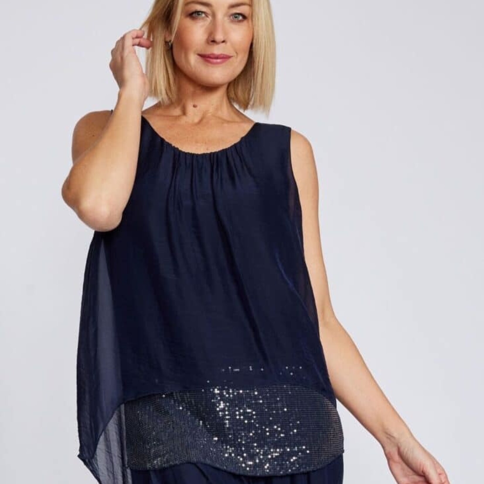 La Strada Navy Layered Sequin Trim Silk Singlet Top