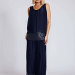 La Strada Navy Silk Sequin Flowing Wide Leg  Pant