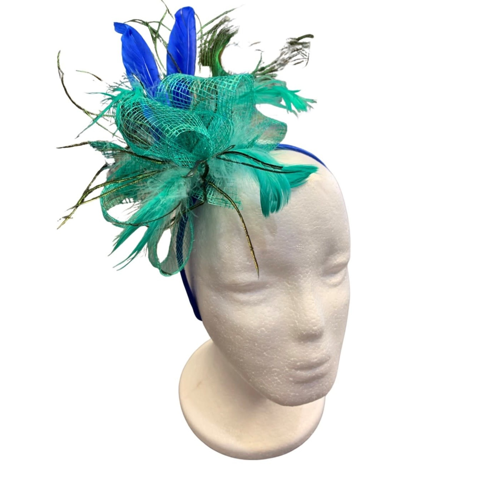 One Plus One Fashion Teal Green Bow & Royal Blue Feather Fascinator