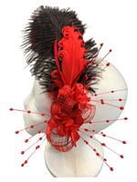 One Plus One Fashion Red Flower & Black Feather Fascinator