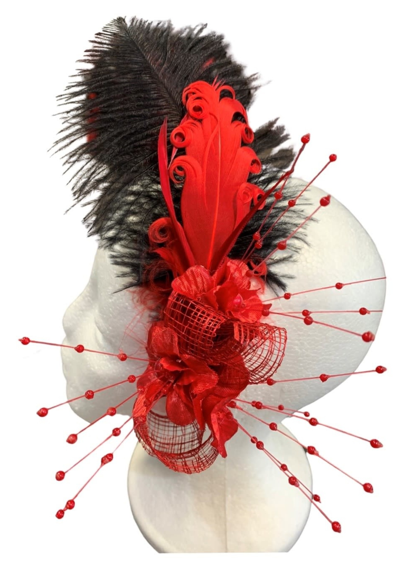 One Plus One Fashion Red Flower & Black Feather Headband