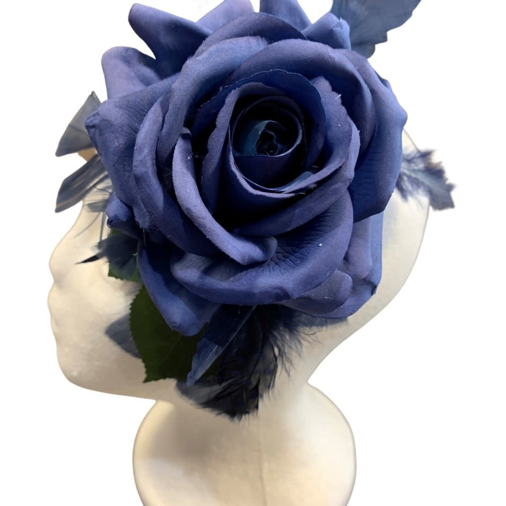 OPO Navy Rose Feather & Green Leaf Fascinator