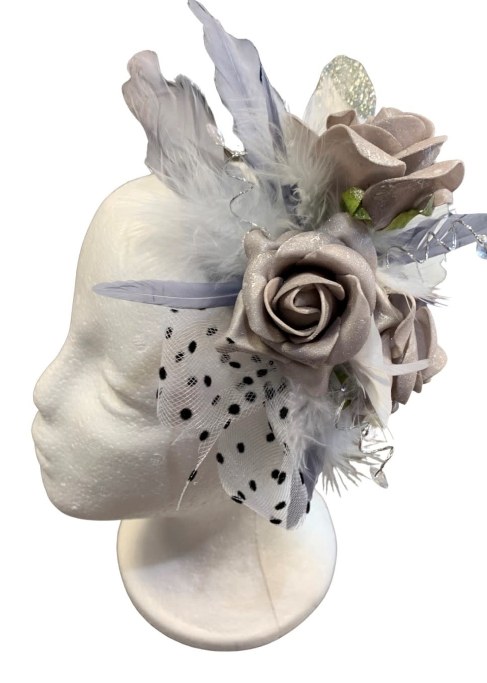 One Plus One Fashion Silver Roses Feathers & Dot Tulle Headband