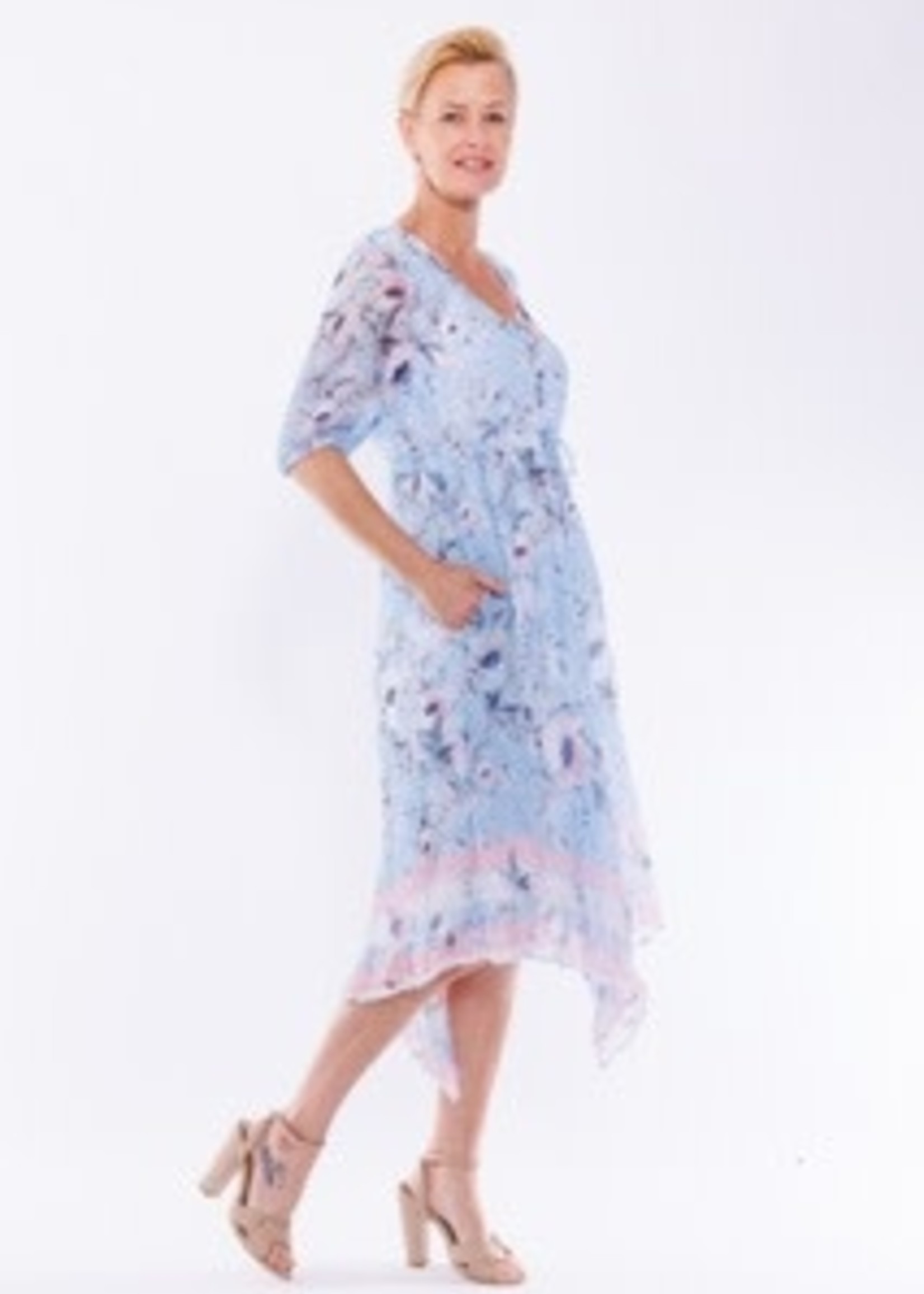 Cafe Latte Lt Blue Spring Blooms Crinkle VNeck Dress