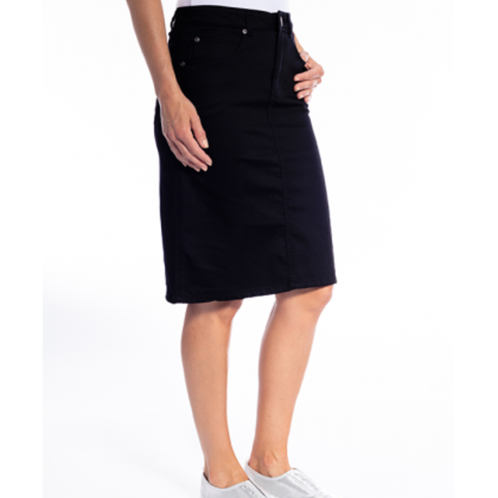 Cafe Latte Black Zip Front Cotton Knee Length Jean Skirt