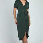 Ajoy Emerald Satin Short Sleeve Tulip Hemline Dress