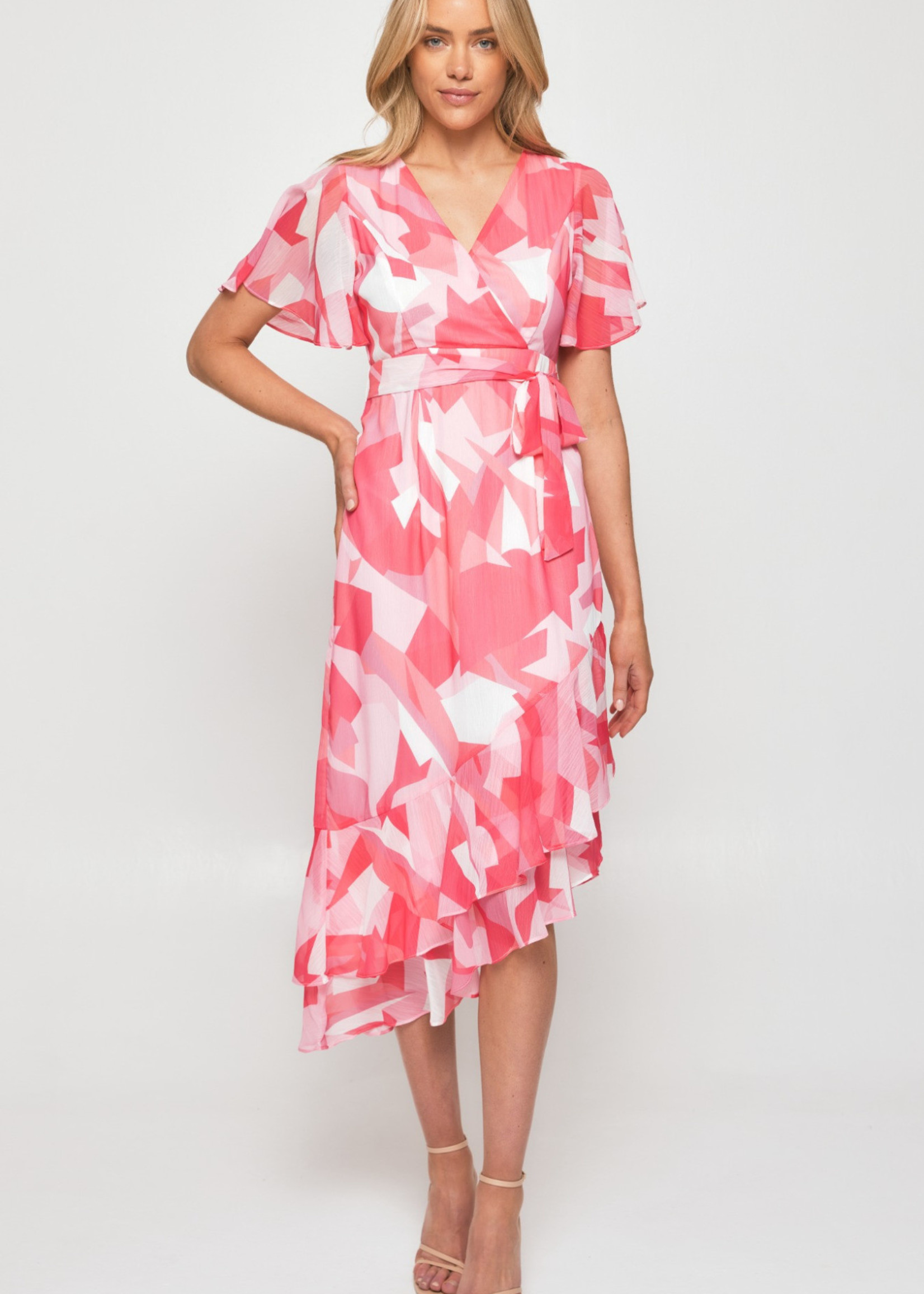 Ajoy Levora Raspberry Abstract Chiffon Ruffled Dress