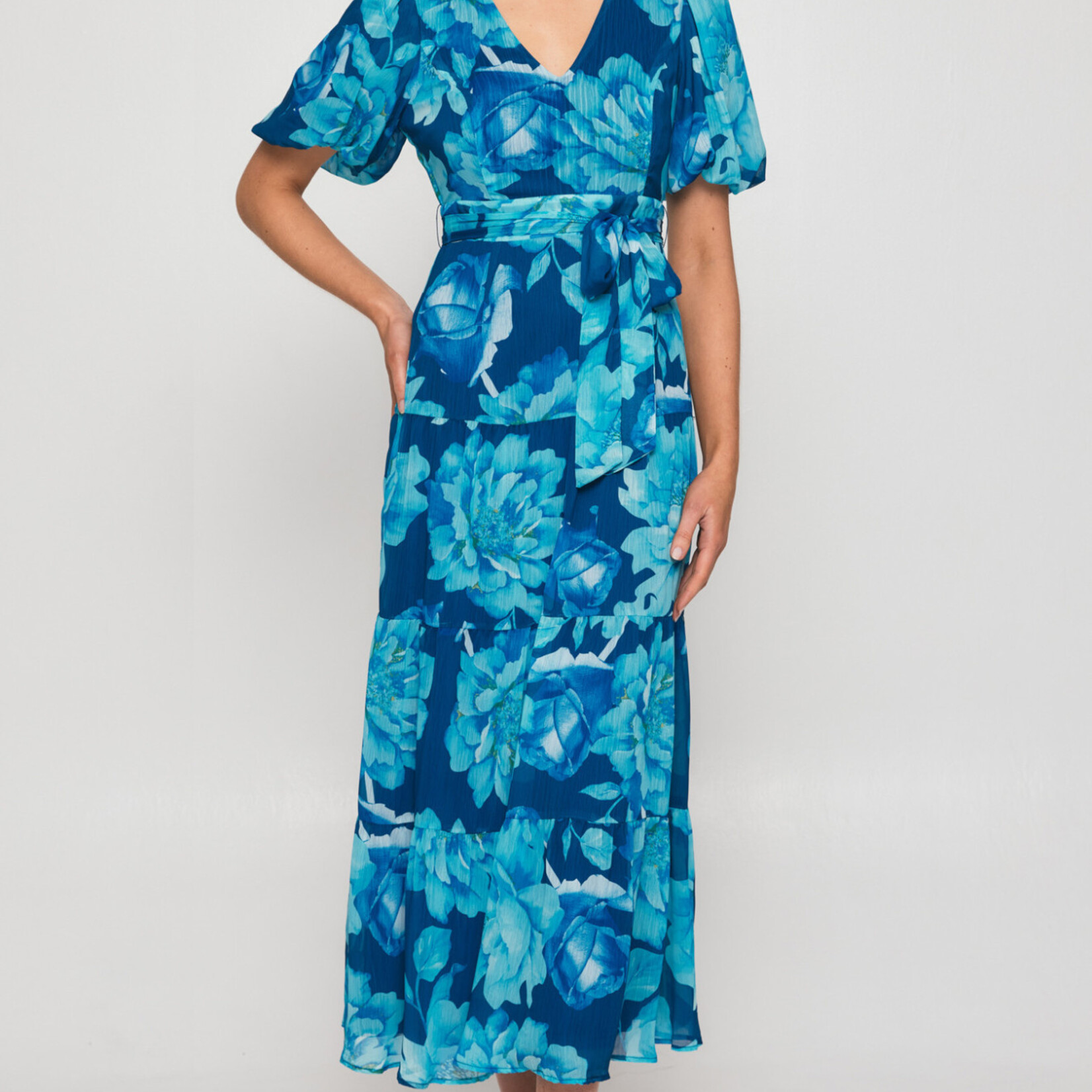 Style State Blue Floral Chiffon Tiered Midi Dress