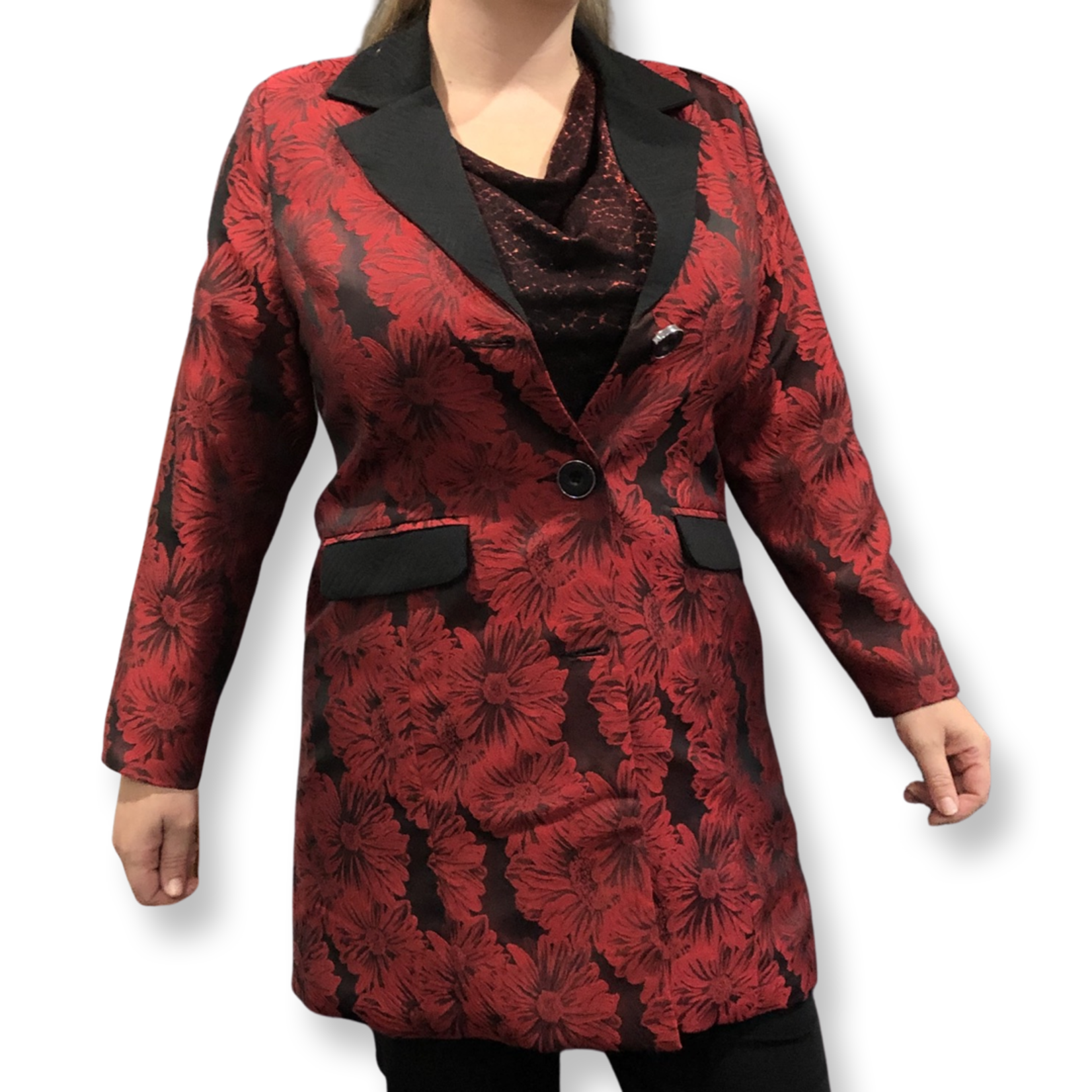 Wishstone Burgundy & Black Lapel Long Jacket