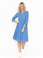 One Summer - Orientique China Blue Crinkle Layered 3/4 Slv Dress