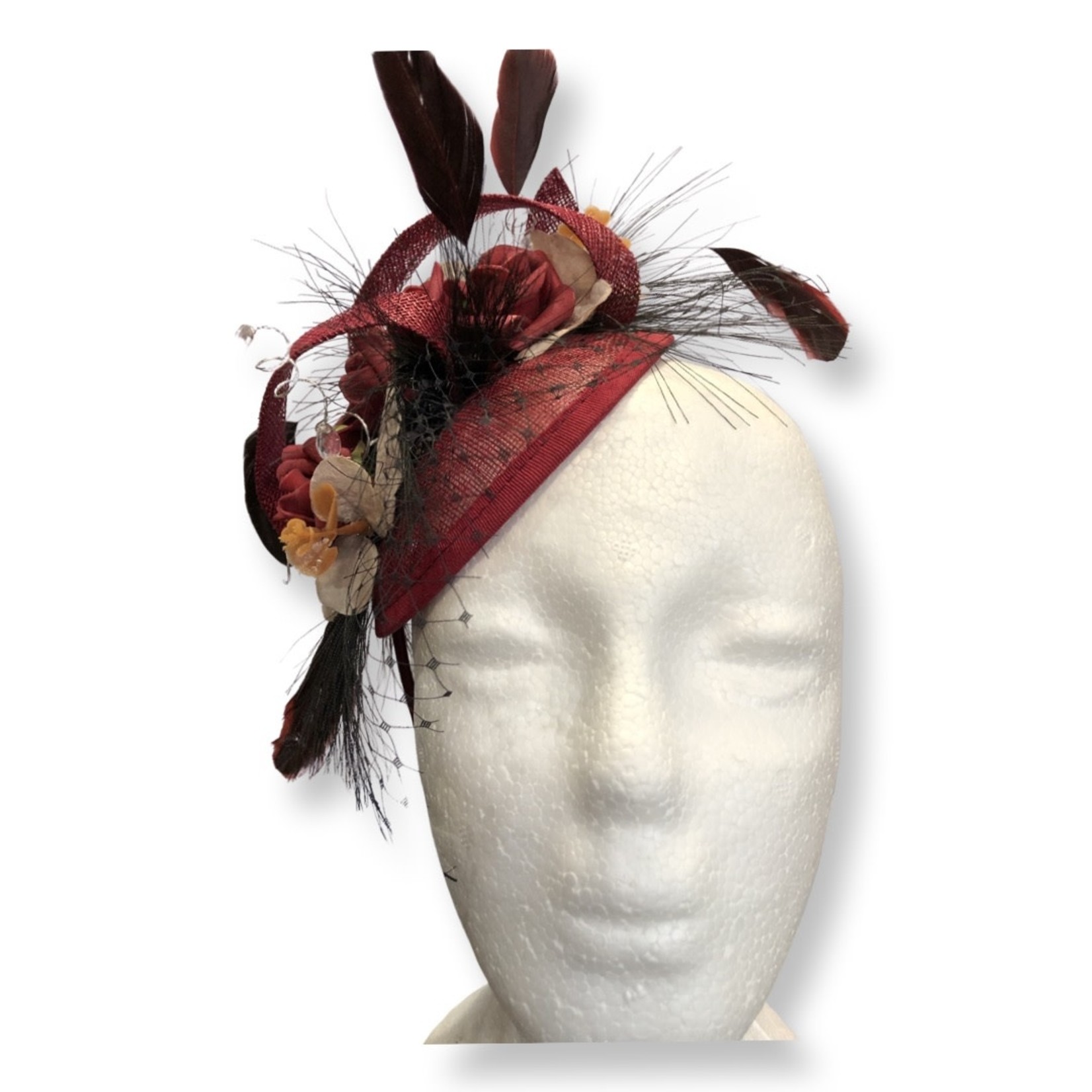 One Plus One Fashion Burgundy & Cream Flower & Feather Hat Fascinator