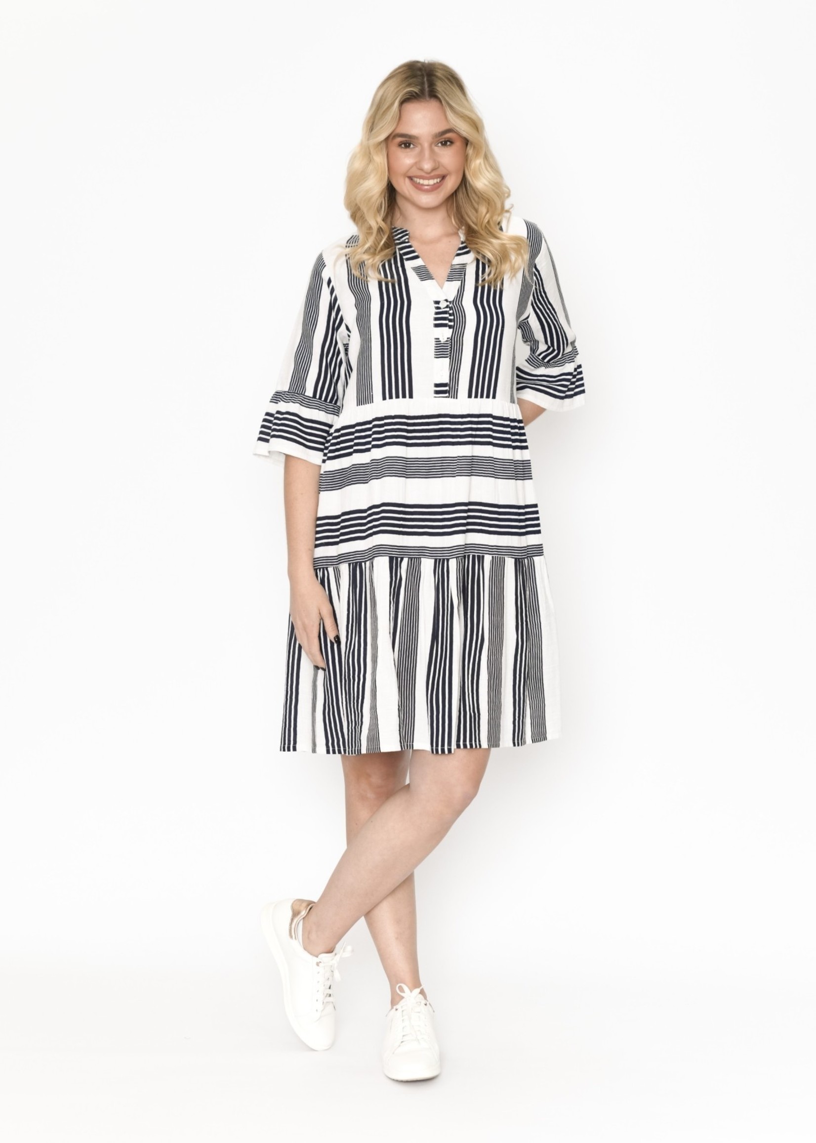One Summer - Orientique Navy & White Stripe Button Maya Layered Dress