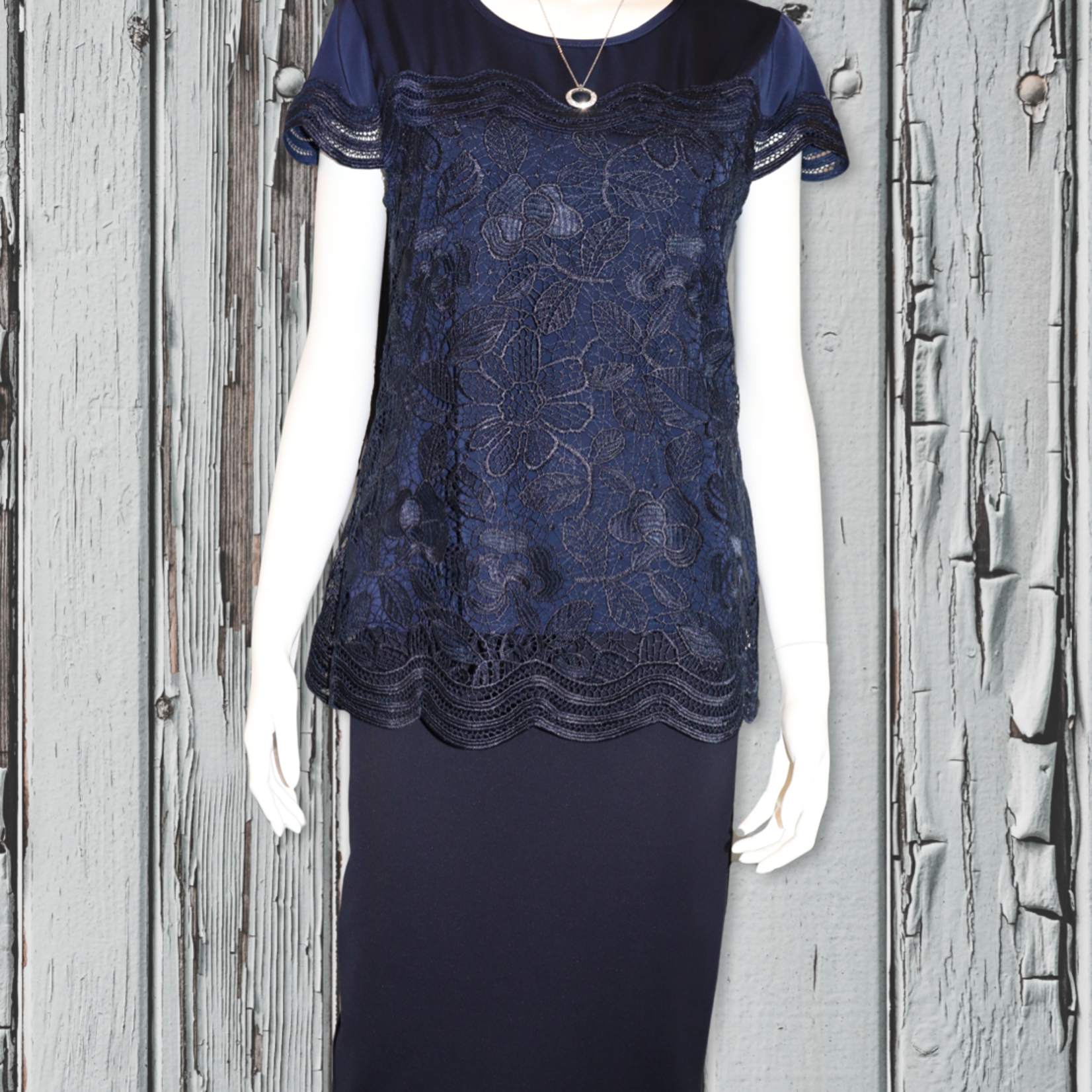Yes A Dress Navy Satin & Lace Capped Sleeve Top