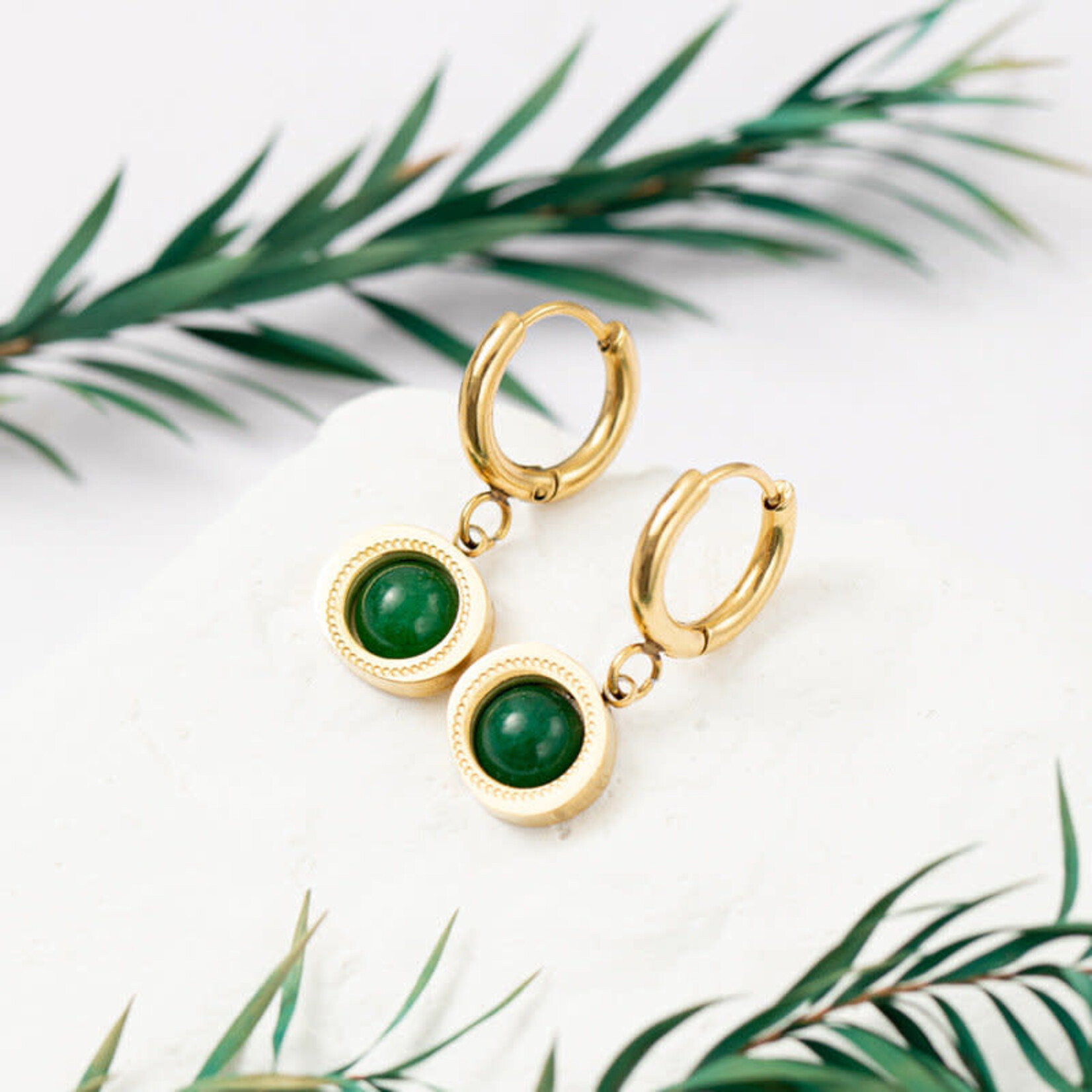 Just East Gold with Emerald Stone Round Hoop Earrings